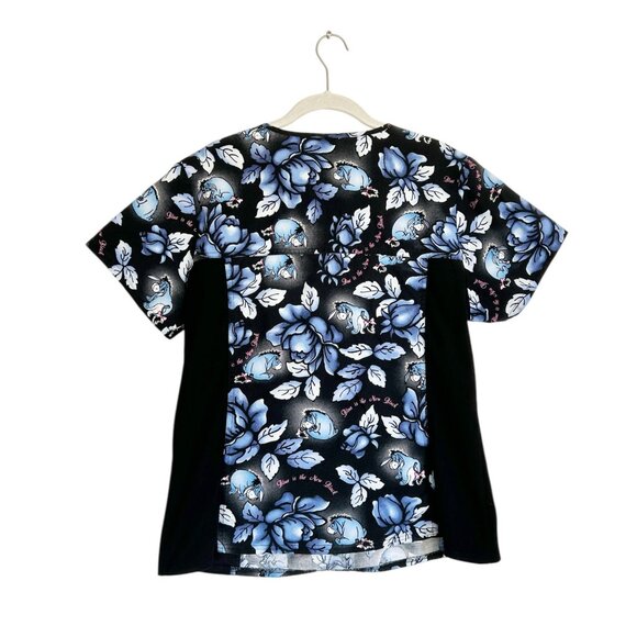 Disney Eeyore Floral Short Sleeve Scrub Top in Black/Blue - Sz L - Picture 2 of 7